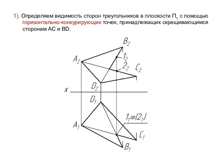 1). Определяем видимость сторон треугольников в плоскости П1 с помощью горизонтально-конкурирующих