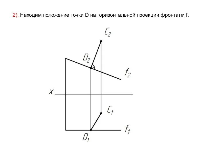 2). Находим положение точки D на горизонтальной проекции фронтали f.