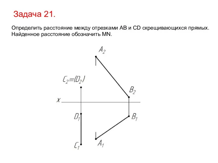 Задача 21. Определить расстояние между отрезками AB и CD скрещивающихся прямых. Найденное расстояние обозначить MN.