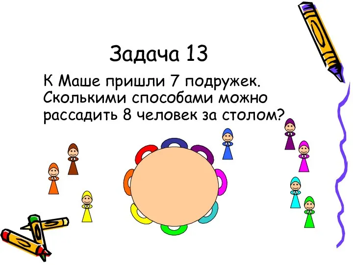 Задача 13 К Маше пришли 7 подружек. Сколькими способами можно рассадить 8 человек за столом?