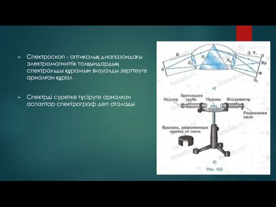 Спектроскоп - оптикалық диапазондағы электромагниттік толқындардың спектральды құрамын визуалды зерттеуге арналған