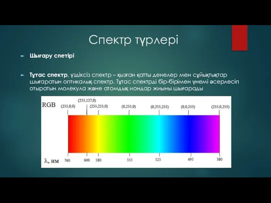 Спектр түрлері Шығару спетірі Тұтас спектр, үздіксіз спектр – қызған қатты