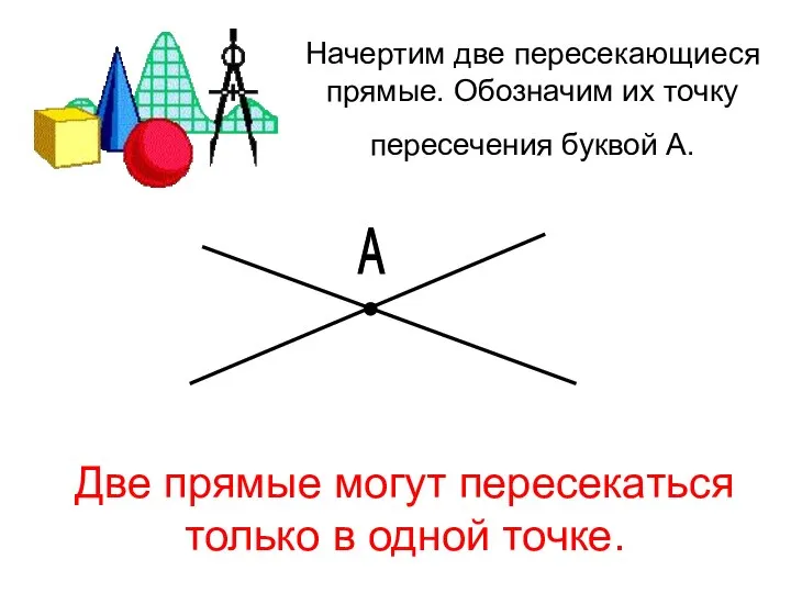 Начертим две пересекающиеся прямые. Обозначим их точку пересечения буквой А. Две