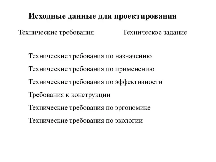 Исходные данные для проектирования Технические требования Техническое задание Технические требования по