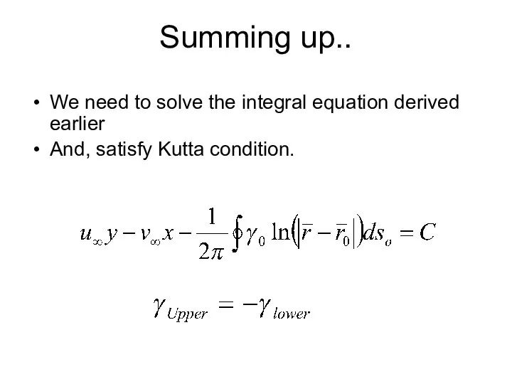 Summing up.. We need to solve the integral equation derived earlier And, satisfy Kutta condition.