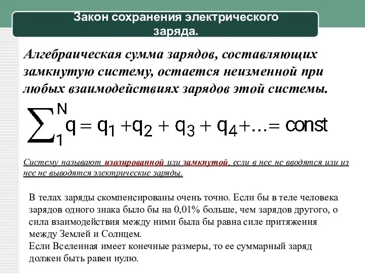 Закон сохранения электрического заряда. Алгебраическая сумма зарядов, составляющих замкнутую систему, остается