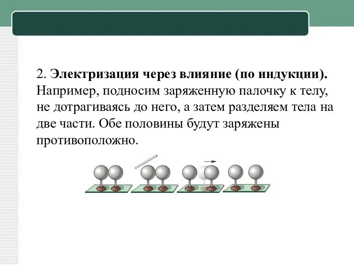 2. Электризация через влияние (по индукции). Например, подносим заряженную палочку к