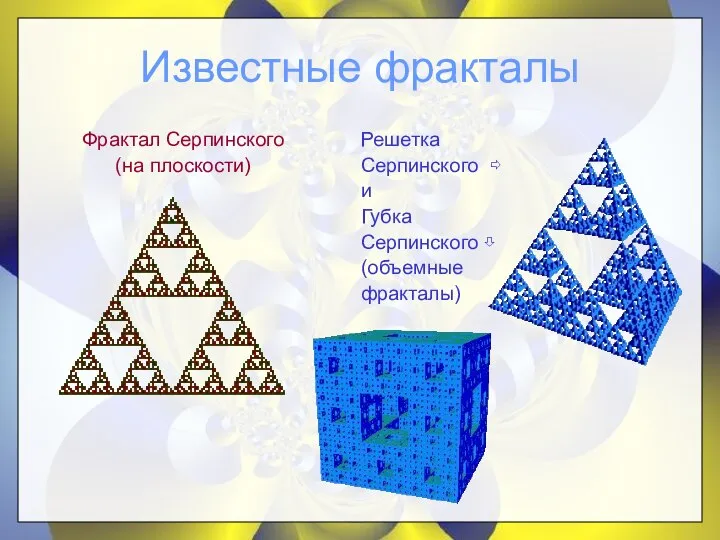 Известные фракталы Фрактал Серпинского (на плоскости) Решетка Серпинского ⇨ и Губка Серпинского ⇩ (объемные фракталы)