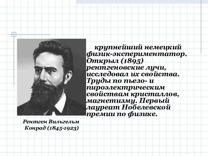 крупнейший немецкий физик-экспериментатор. Открыл (1895) рентгеновские лучи, исследовал их свойства. Труды