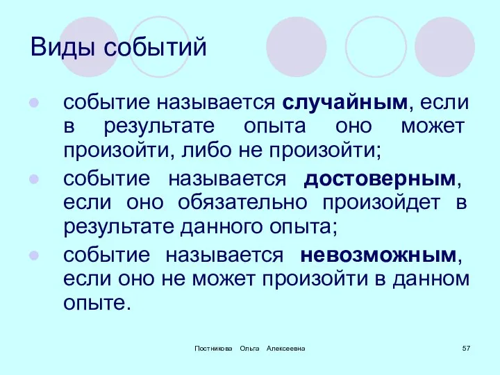 Постникова Ольга Алексеевна Виды событий событие называется случайным, если в результате