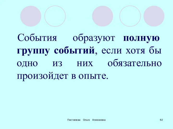 Постникова Ольга Алексеевна События образуют полную группу событий, если хотя бы