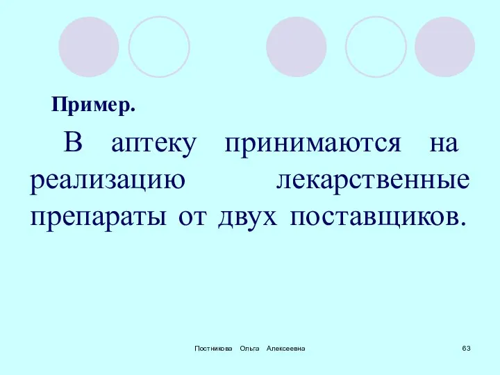 Постникова Ольга Алексеевна Пример. В аптеку принимаются на реализацию лекарственные препараты от двух поставщиков.