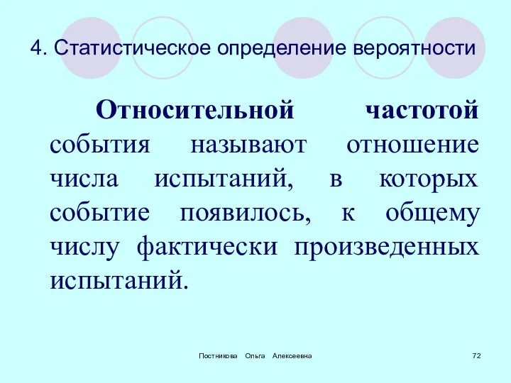 Постникова Ольга Алексеевна 4. Статистическое определение вероятности Относительной частотой события называют