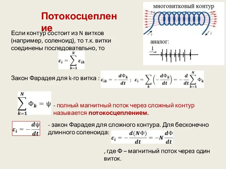 Потокосцепление Если контур состоит из N витков (например, соленоид), то т.к.