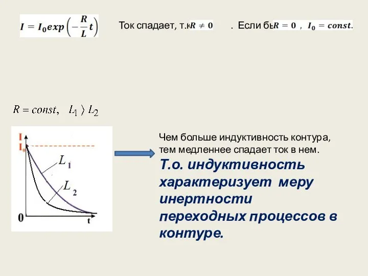 Чем больше индуктивность контура, тем медленнее спадает ток в нем. Т.о.