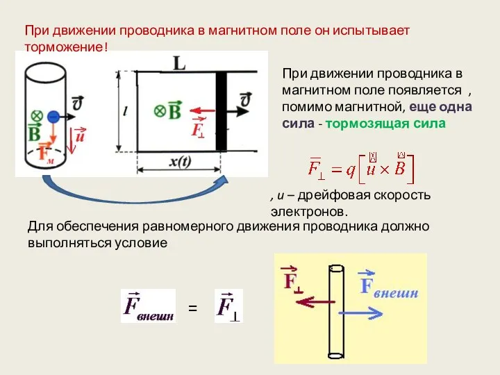 Для обеспечения равномерного движения проводника должно выполняться условие При движении проводника