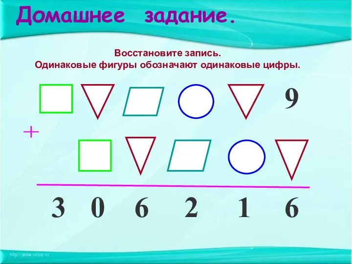 Домашнее задание. + Восстановите запись. Одинаковые фигуры обозначают одинаковые цифры. 6