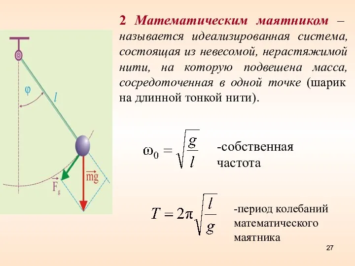 2 Математическим маятником – называется идеализированная система, состоящая из невесомой, нерастяжимой