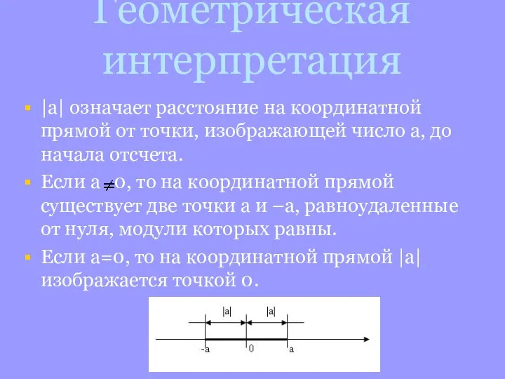 Геометрическая интерпретация |а| означает расстояние на координатной прямой от точки, изображающей