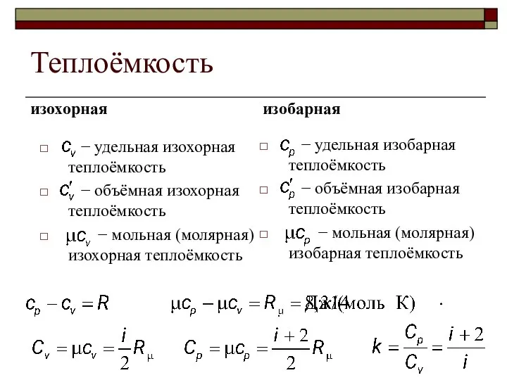 Теплоёмкость изохорная − удельная изохорная теплоёмкость − объёмная изохорная теплоёмкость −