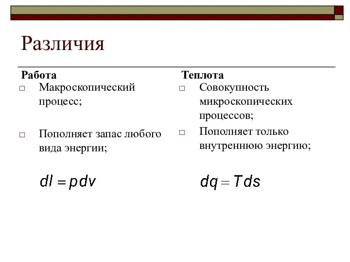 Различия Работа Макроскопический процесс; Пополняет запас любого вида энергии; Теплота Совокупность