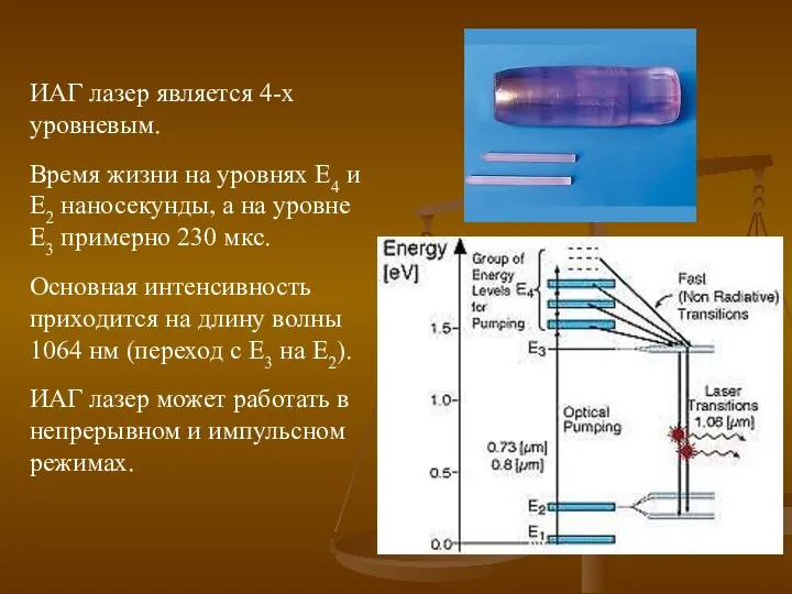 ИАГ лазер является 4-х уровневым. Время жизни на уровнях Е4 и