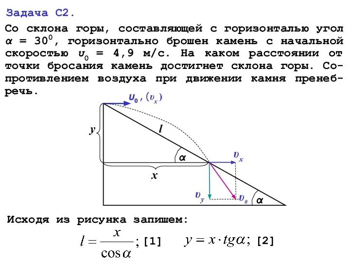 Задача С2. Со склона горы, составляющей с горизонталью угол α =