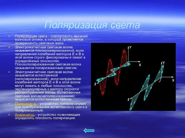 Поляризация света Поляризация света - совокупность явлений волновой оптики, в которых