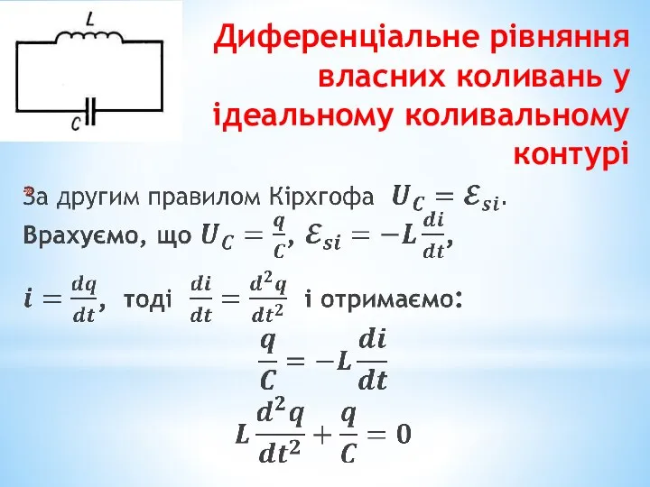 Диференціальне рівняння власних коливань у ідеальному коливальному контурі