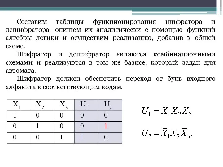 Составим таблицы функционирования шифратора и дешифратора, опишем их аналитически с помощью