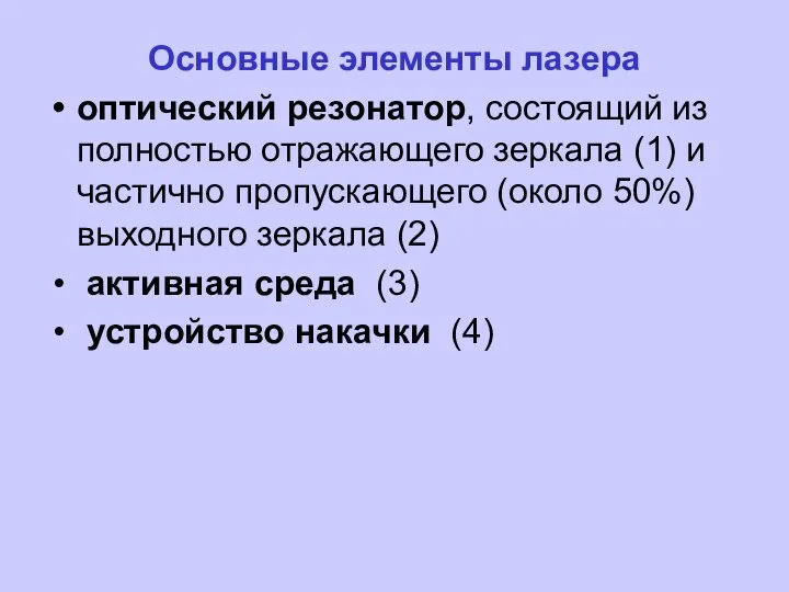 Основные элементы лазера оптический резонатор, состоящий из полностью отражающего зеркала (1)