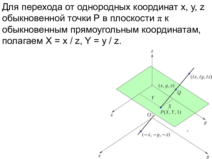 Для перехода от однородных координат x, y, z обыкновенной точки P