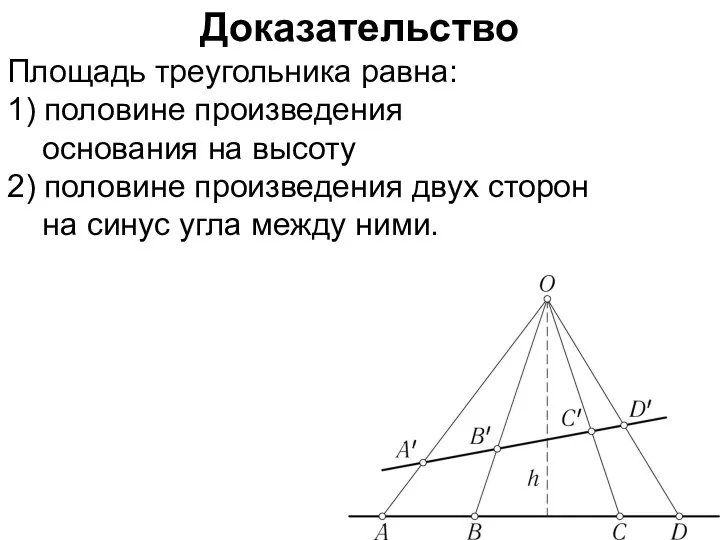 Доказательство Площадь треугольника равна: 1) половине произведения основания на высоту 2)
