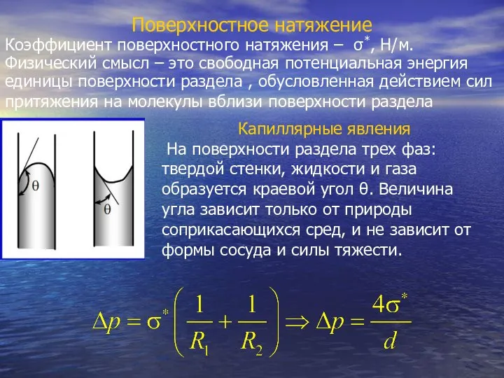 Поверхностное натяжение Коэффициент поверхностного натяжения – σ*, Н/м. Физический смысл –