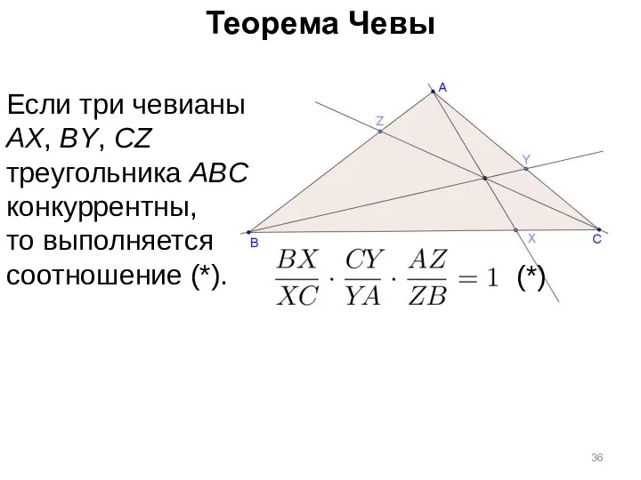 Теорема Чевы Если три чевианы AX, BY, CZ треугольника ABC конкуррентны, то выполняется соотношение (*). (*)