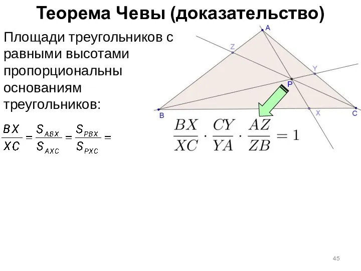 Теорема Чевы (доказательство) Площади треугольников с равными высотами пропорциональны основаниям треугольников: