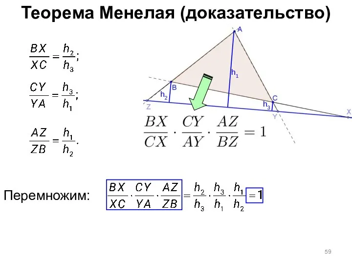 Теорема Менелая (доказательство) h1 h3 h2 Перемножим:
