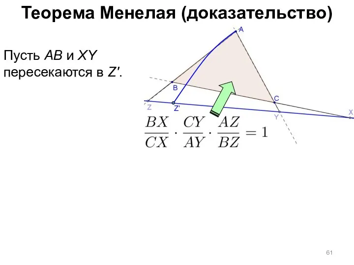 Теорема Менелая (доказательство) Пусть AB и XY пересекаются в Z'. Z'