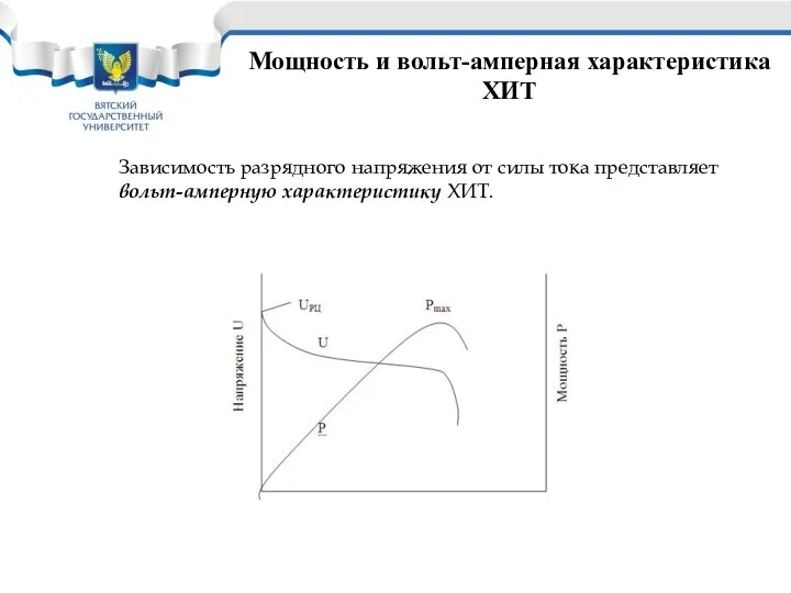 Мощность и вольт-амперная характеристика ХИТ Зависимость разрядного напряжения от силы тока представляет вольт-амперную характеристику ХИТ.