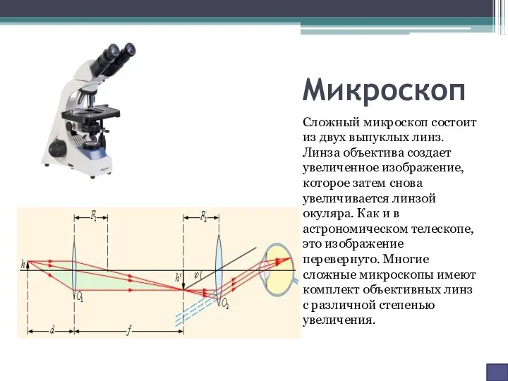 Микроскоп Сложный микроскоп состоит из двух выпуклых линз. Линза объектива создает