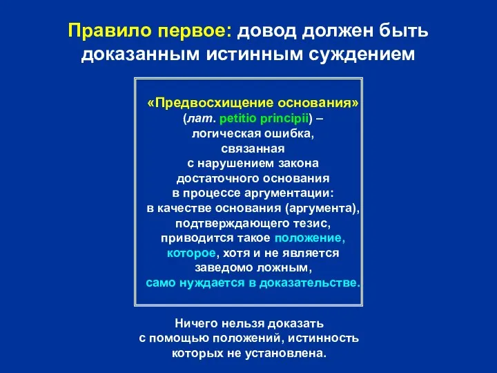 Правило первое: довод должен быть доказанным истинным суждением «Предвосхищение основания» (лат.