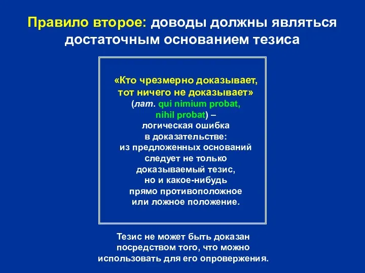 Правило второе: доводы должны являться достаточным основанием тезиса «Кто чрезмерно доказывает,