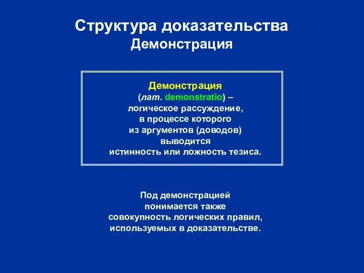 Структура доказательства Демонстрация Демонстрация (лат. demonstratio) – логическое рассуждение, в процессе