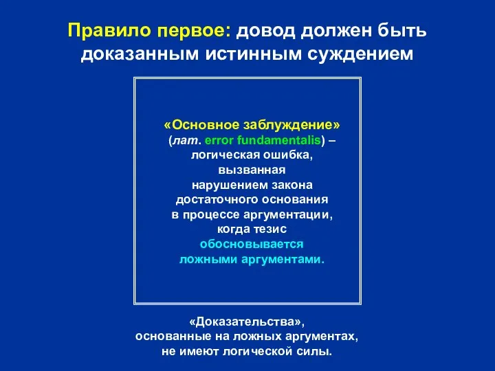 Правило первое: довод должен быть доказанным истинным суждением «Основное заблуждение» (лат.