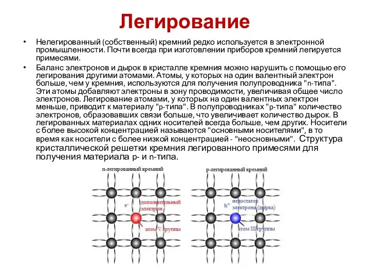 Легирование Нелегированный (собственный) кремний редко используется в электронной промышленности. Почти всегда