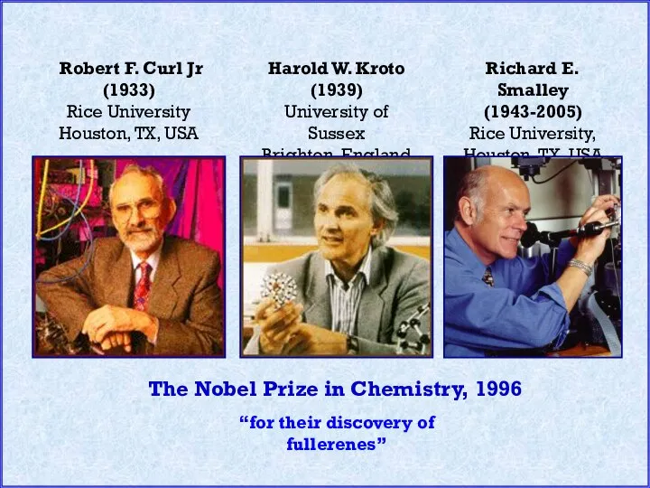 “for their discovery of fullerenes” The Nobel Prize in Chemistry, 1996