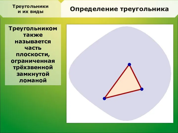 Треугольники и их виды Определение треугольника Треугольником также называется часть плоскости, ограниченная трёхзвенной замкнутой ломаной