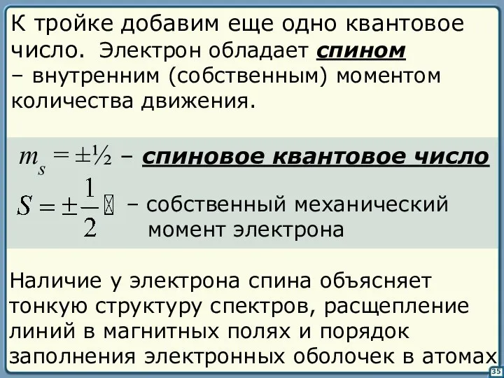 35 К тройке добавим еще одно квантовое число. Электрон обладает спином