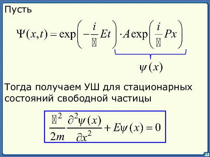 05 Пусть Тогда получаем УШ для стационарных состояний свободной частицы