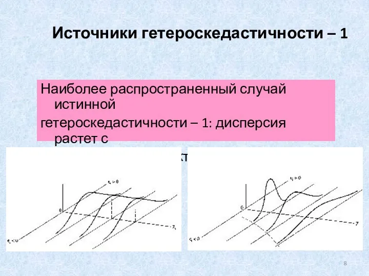 Источники гетероскедастичности – 1 Наиболее распространенный случай истинной гетероскедастичности – 1: